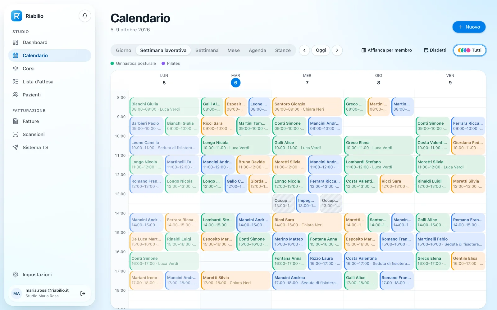Il calendario settimanale dello studio, con gli appuntamenti colorati per professionista