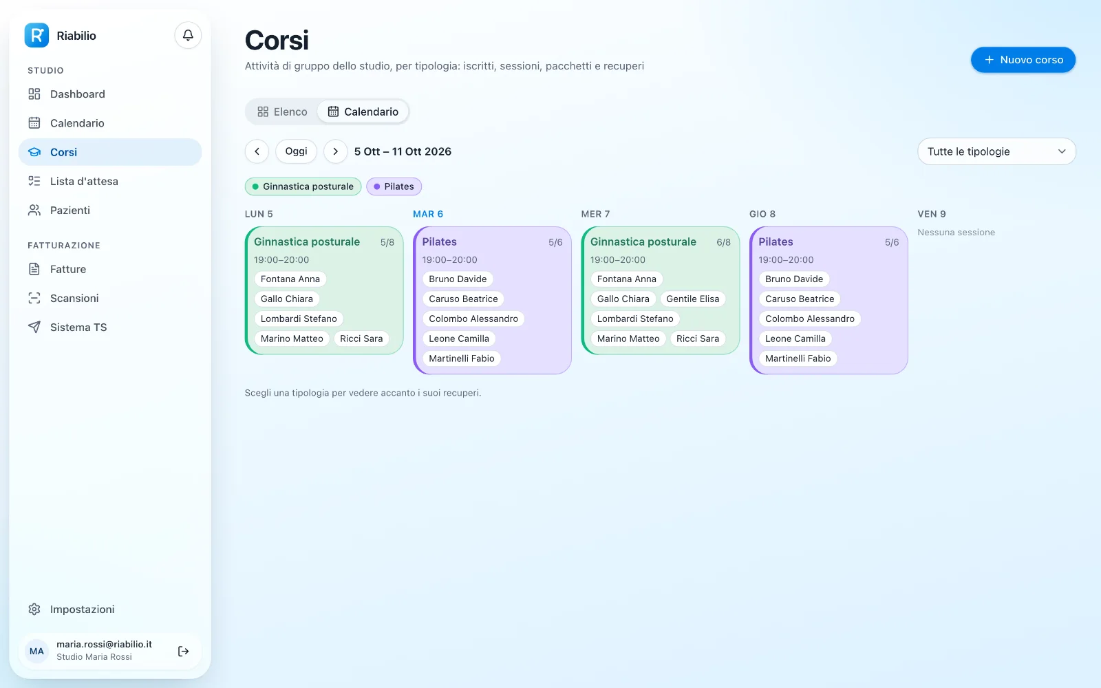 Il calendario dei corsi, colorato per tipologia